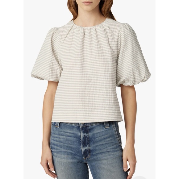 Joe's Jeans Tops - JOE'S Cotton Seersucker Puff Sleeve Top In Khaki White Stripe Size Medium